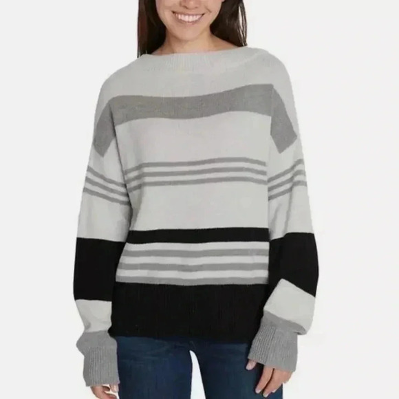 Lucky Brand Colorblock Striped Black Gray Multi Sweater Oversized Relaxed Medium - Picture 1 of 16